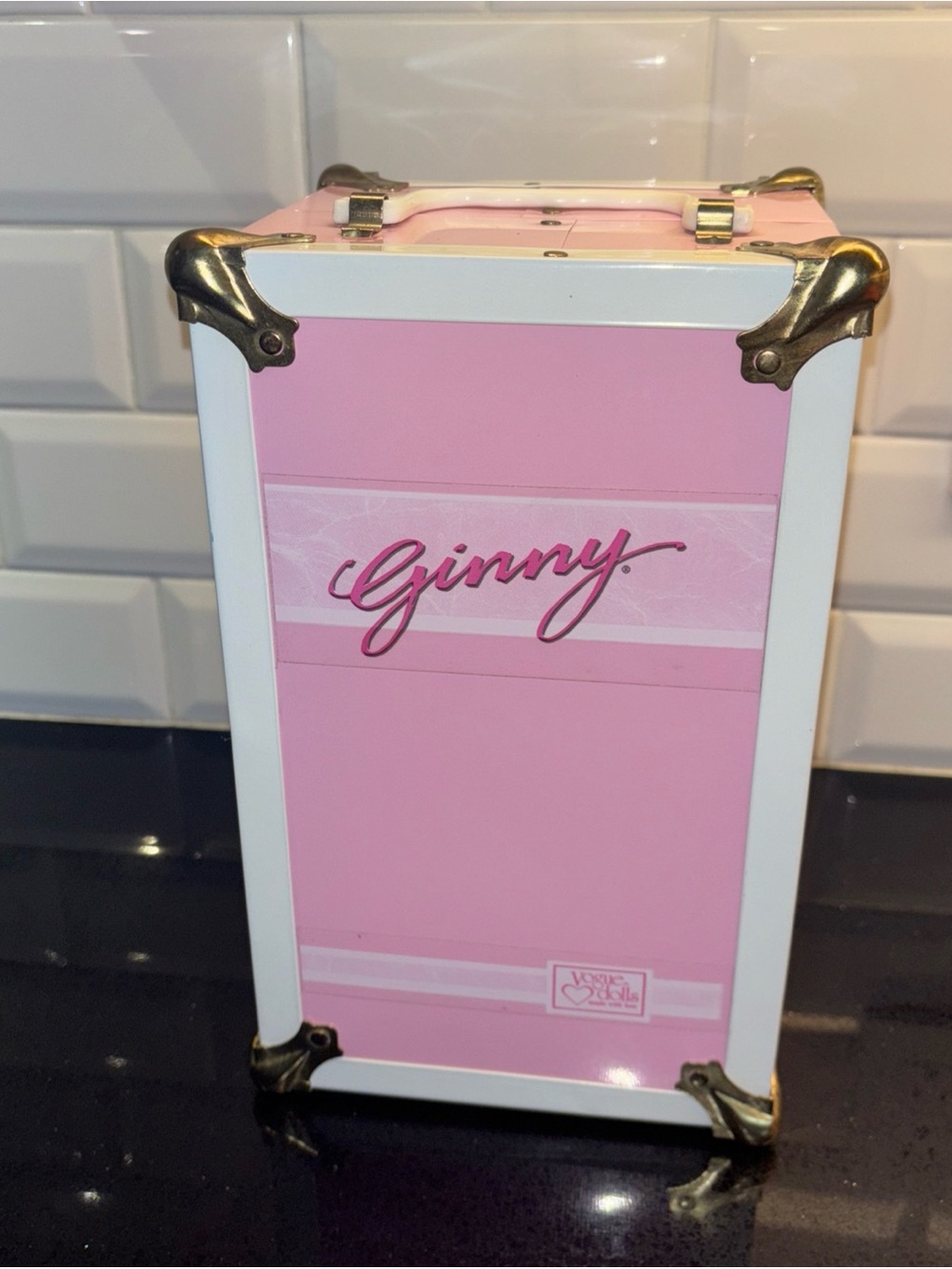 vintage 1950s Vogue Ginny doll trunk in pink and white